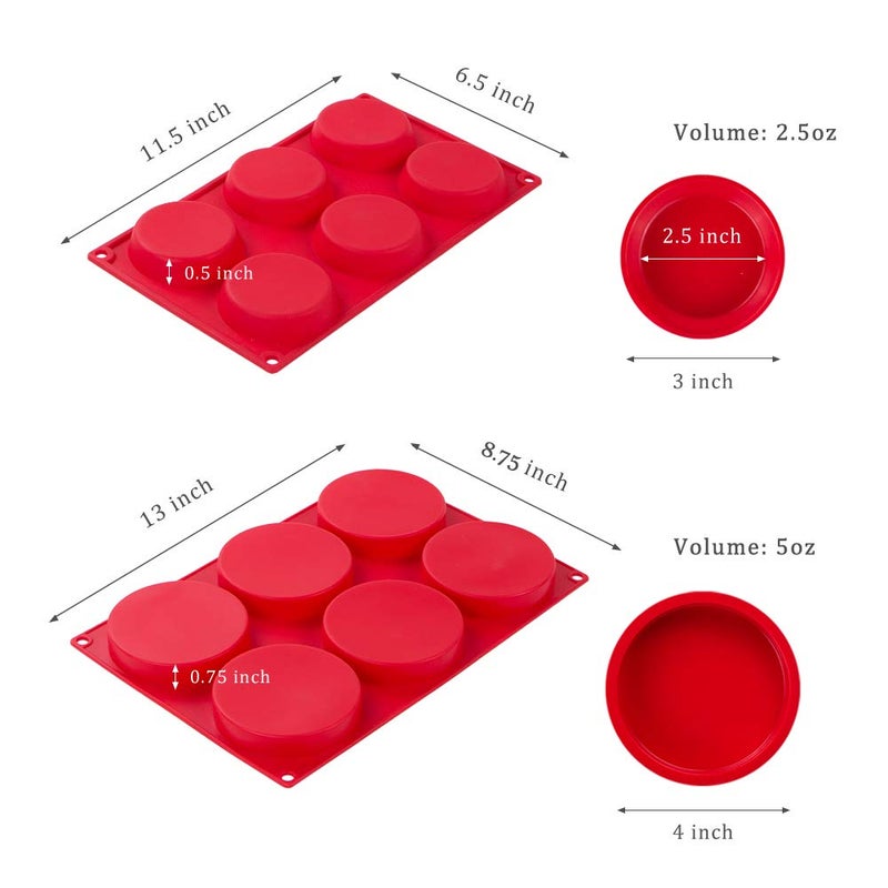 Webake Silicone Molds for 3 Inch and 4 Inch Round Disc Pan for Cake, Muffin Top, Bun, Custard, Tart, Resin Coaster, 6 Cavity, Red Set of 2 - Image 3